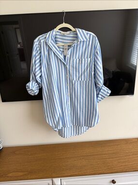LOFT Light Blue and White Striped Relaxed Button-Up Blouse